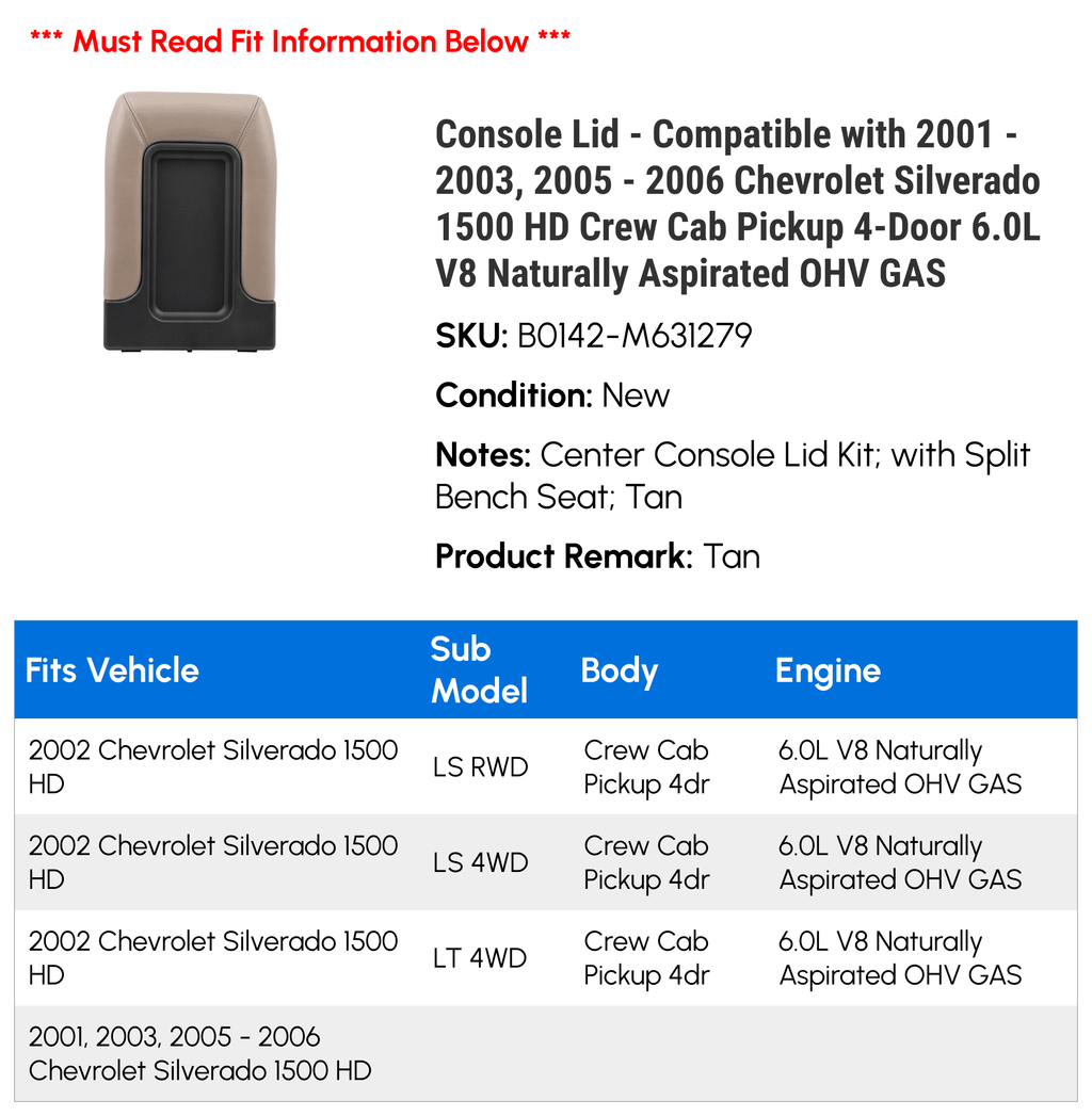 Lid Crew HD GAS Silverado 2002 - Chevy Naturally OHV Compatible 2003, Console 1500 4-Door Aspirated 2001 - 2006 2005 Cab with - Pickup V8 6.0L