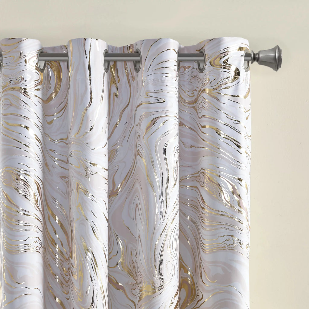 Rebecca Blackout Design Top Total Intelligent Curtain, Metallic Printed Grommet Blush/Gold, Marble 50x84"
