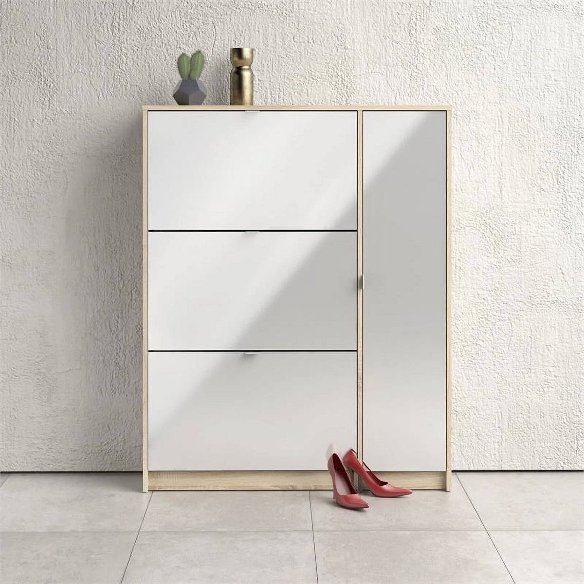 Allora Cabinet Layers Shoe Gloss Oak-White with & High 3 Drawer 2 Door in