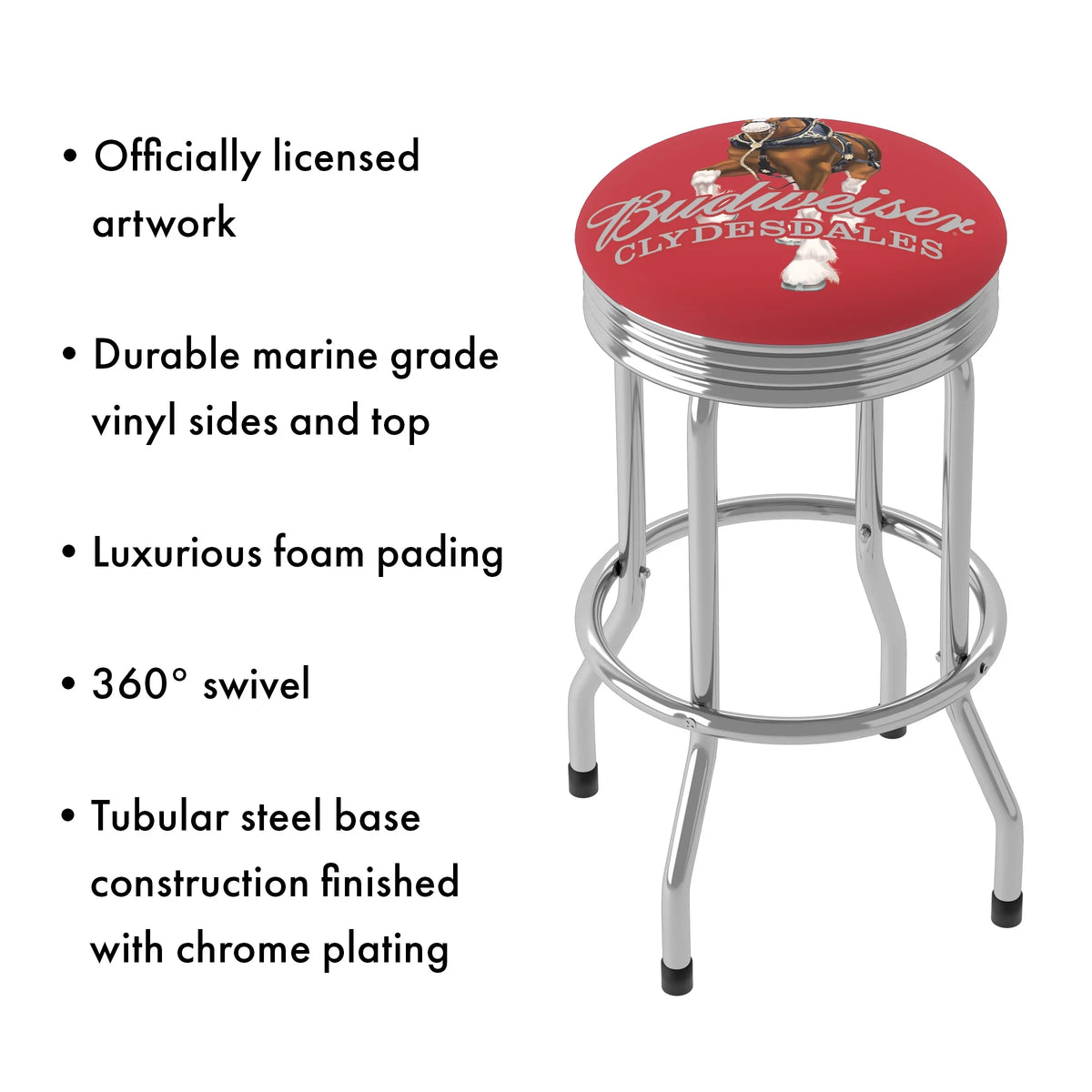 Budweiser Barstool Red Gameroom Trademark Chrome Clydesdale Ribbed