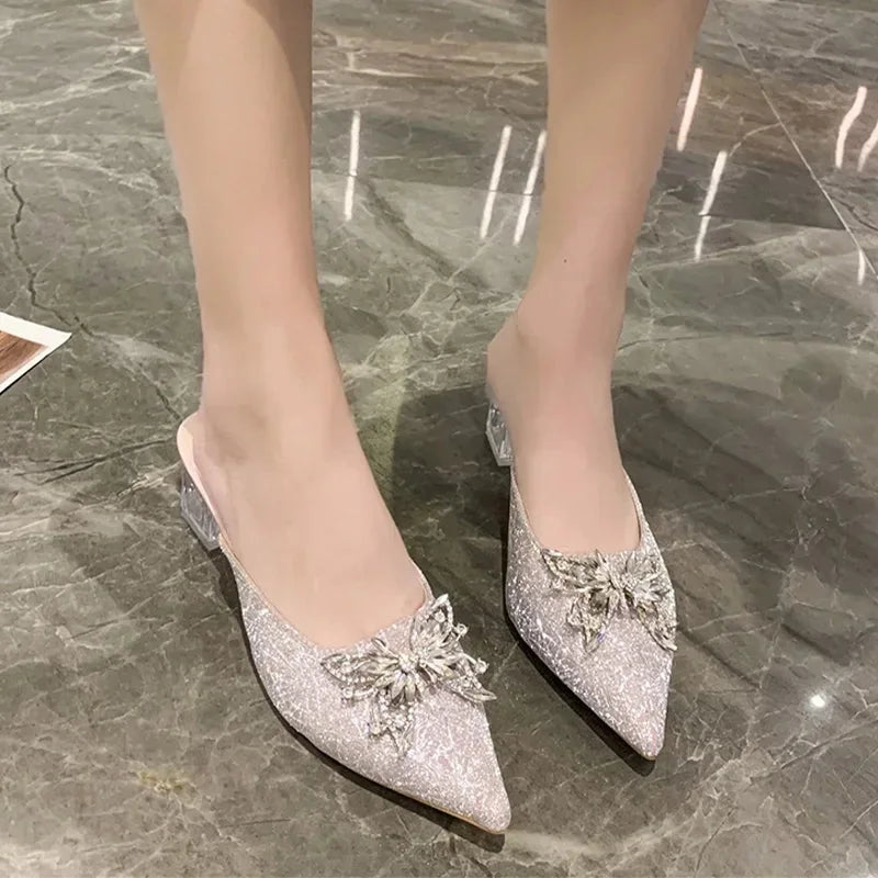 High Pointed 2024 Toe Luxury Flip Women Designer Sexy Dress Summer Flops Sandals Crystal Heels Shoes Slides Mules Pumps