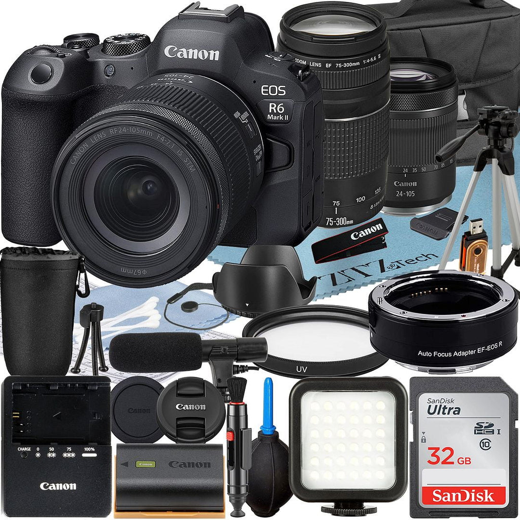 with Case Mirrorless + Mount Lens + 75-300mm 24-105mm Flash Card ZeeTech Adapter Canon Bundle RF + + EF R6 Memory LED + SanDisk Accessory II 32GB + Mark EOS Camera
