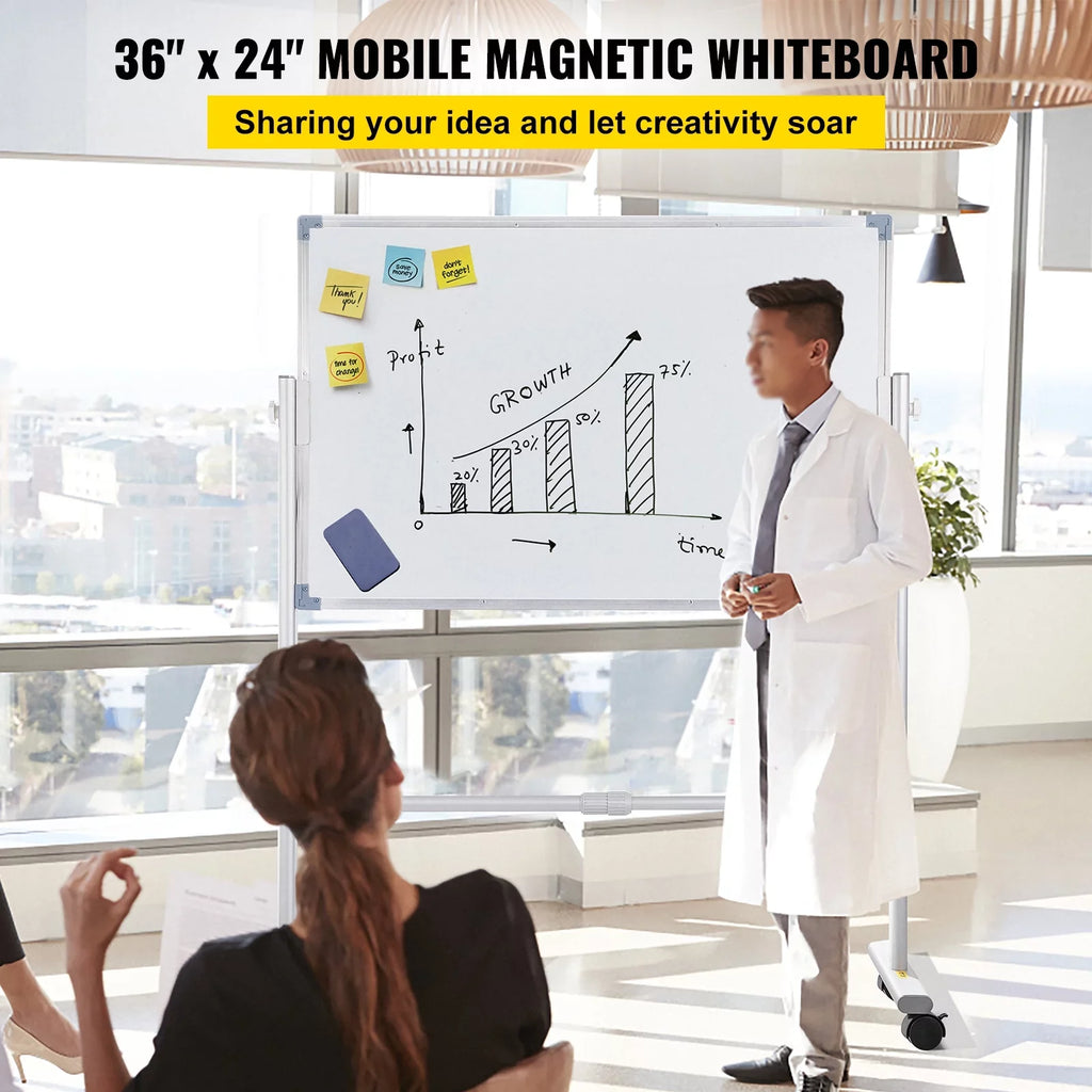 24" with 360 Home BENTISM Wheels Office Aluminum Adjustable w/ x Reversible Lockable Double Height Stand Dry Mobile Frame and Swivel Magnetic for Erase School Rolling 36" Sided Board Whiteboard