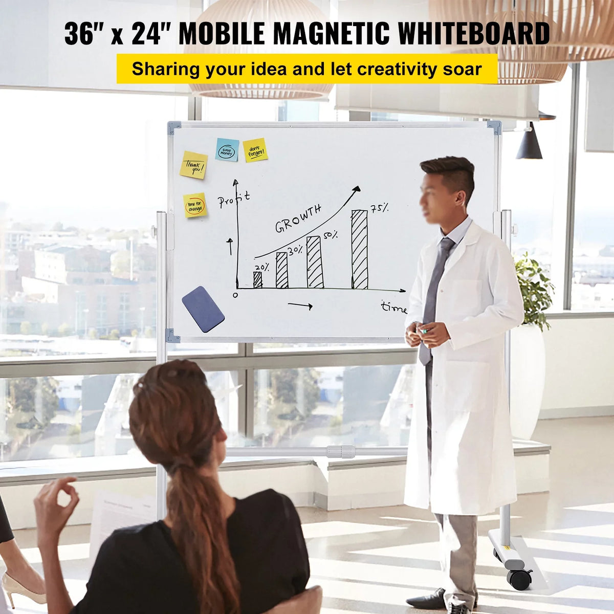24" with 360 Home BENTISM Wheels Office Aluminum Adjustable w/ x Reversible Lockable Double Height Stand Dry Mobile Frame and Swivel Magnetic for Erase School Rolling 36" Sided Board Whiteboard