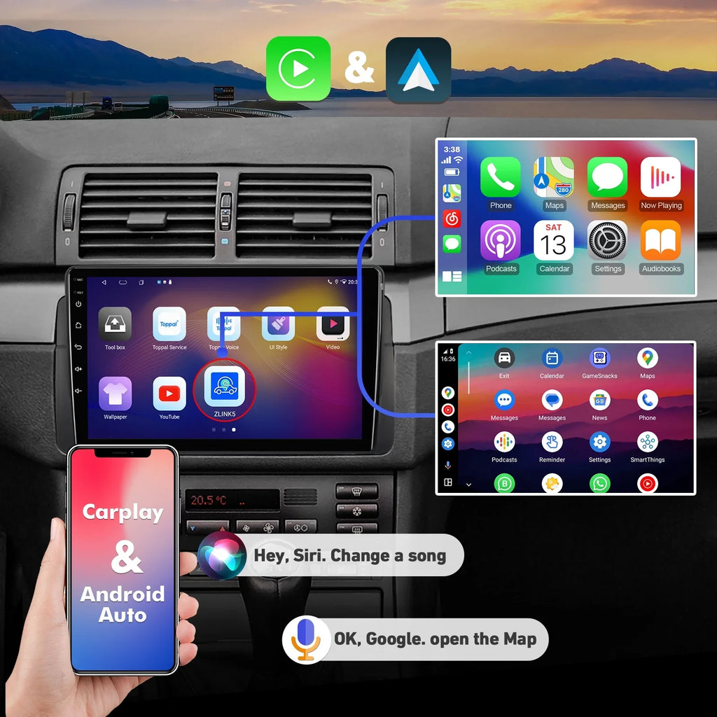 ZT for BMW Stereo 9-inch Carplay 12 Android Din Screen 75/MG QLED SWC Radio Backup Car Auto Double Android E46/M3/318/320/325/Rover Camera Support 6+128G Car Touchscreen with
