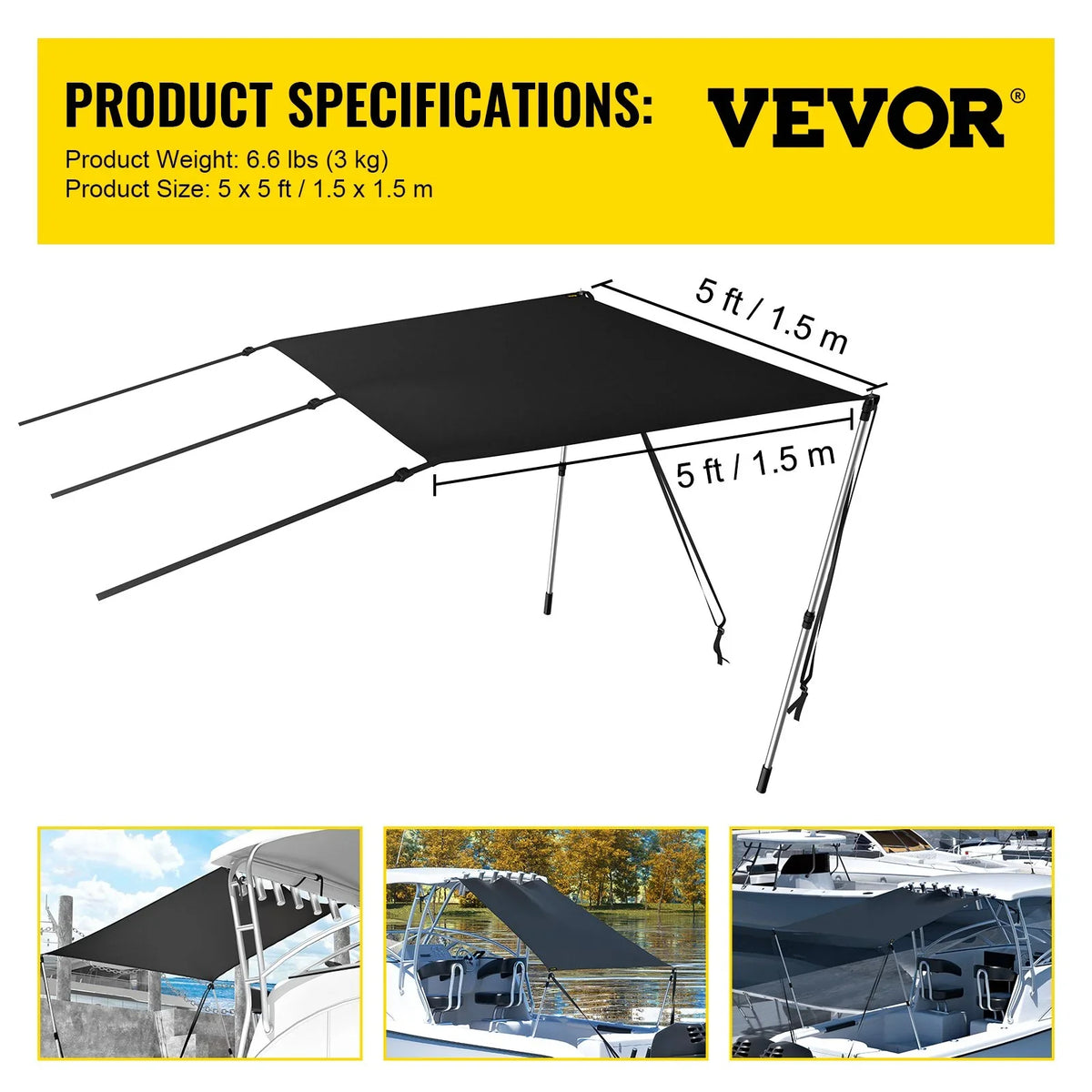 Bimini Shade 600D UV-Proof Easy Poles, & Waterproof, Rustproof Polyester Steel Kit with VEVOR Tops T-Top - Telescopic 5'x5' Assembly T-Tops Sun for