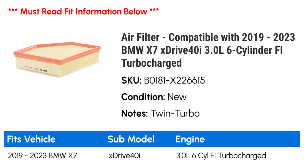 FI Compatible 6-Cylinder 2022 xDrive40i Air with - 3.0L BMW 2023 2021 - Filter X7 Turbocharged 2019 2020