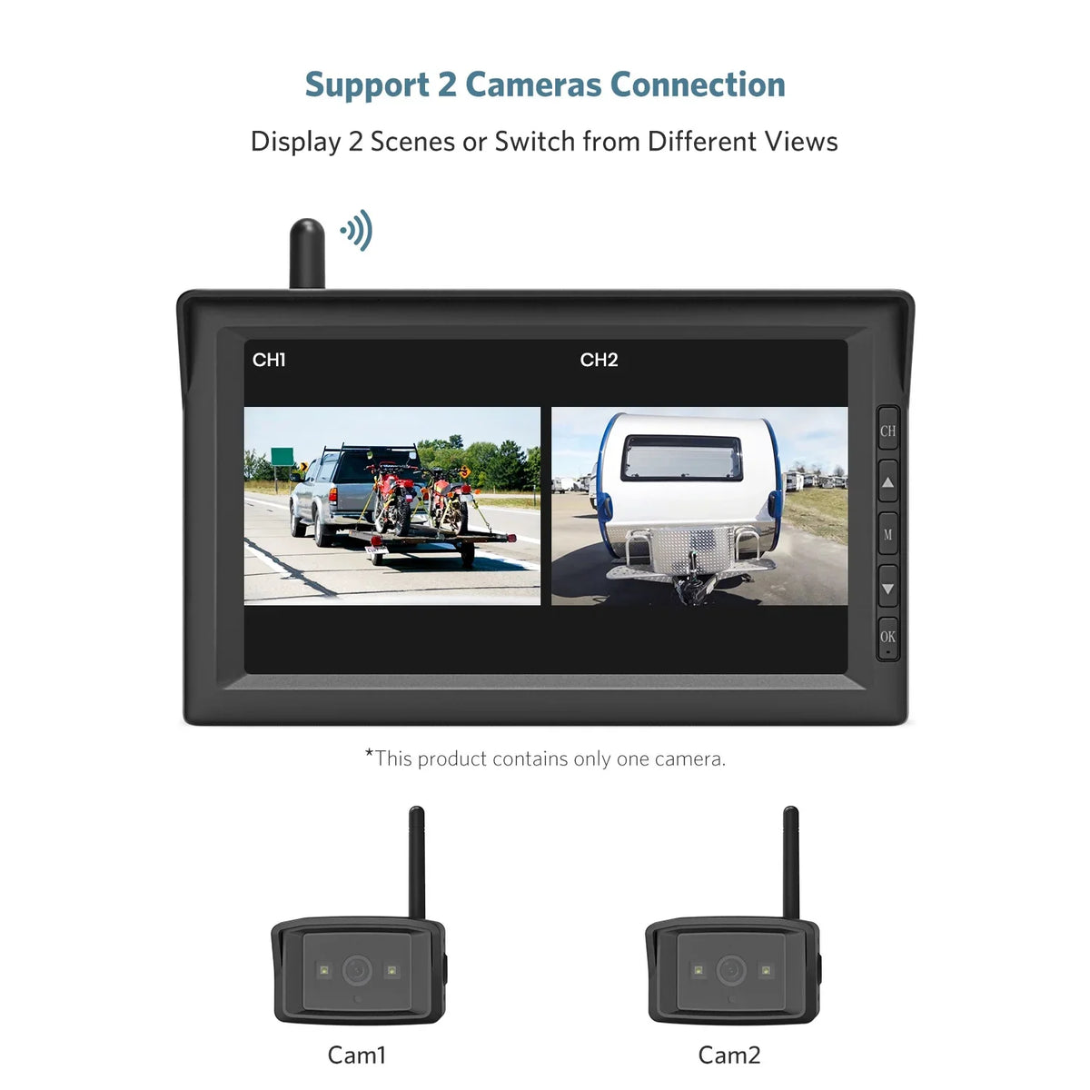 Night High-Speed with Trailers/ Observation RV/ Parking Kit, HD 7" Wireless Rear Cameras for Waterproof View IR Camper/Semi-Trailer/Tractor Camera Lines Monitor Backup Vision Reversing with