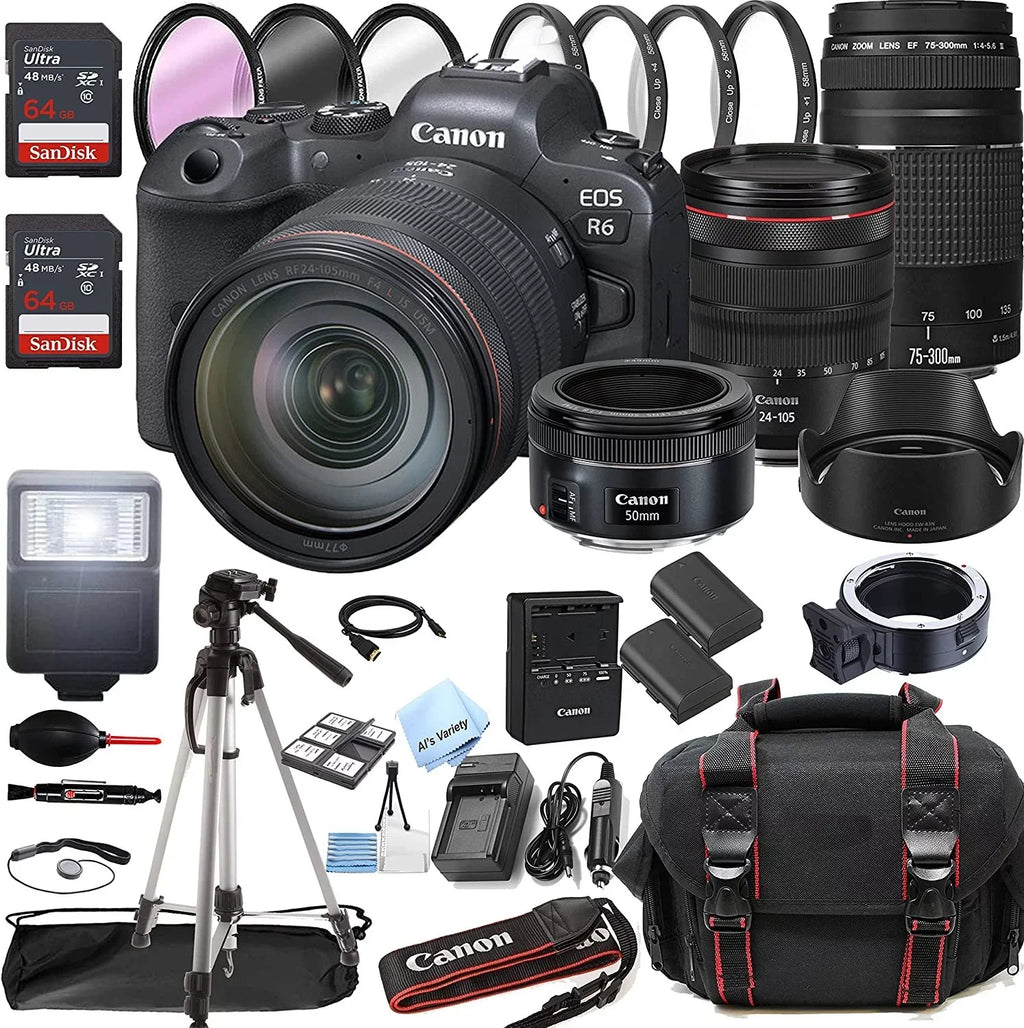 is III Mirrorless 128GB 42pc with Filters + Camera Bundle + USM EOS L + Lens F/4-5.6 50mm Case + 75-300mm Memory STM Canon R6 24-105mm RF RF f/4 + Tripod + Digital Lens f/1.8 Lens