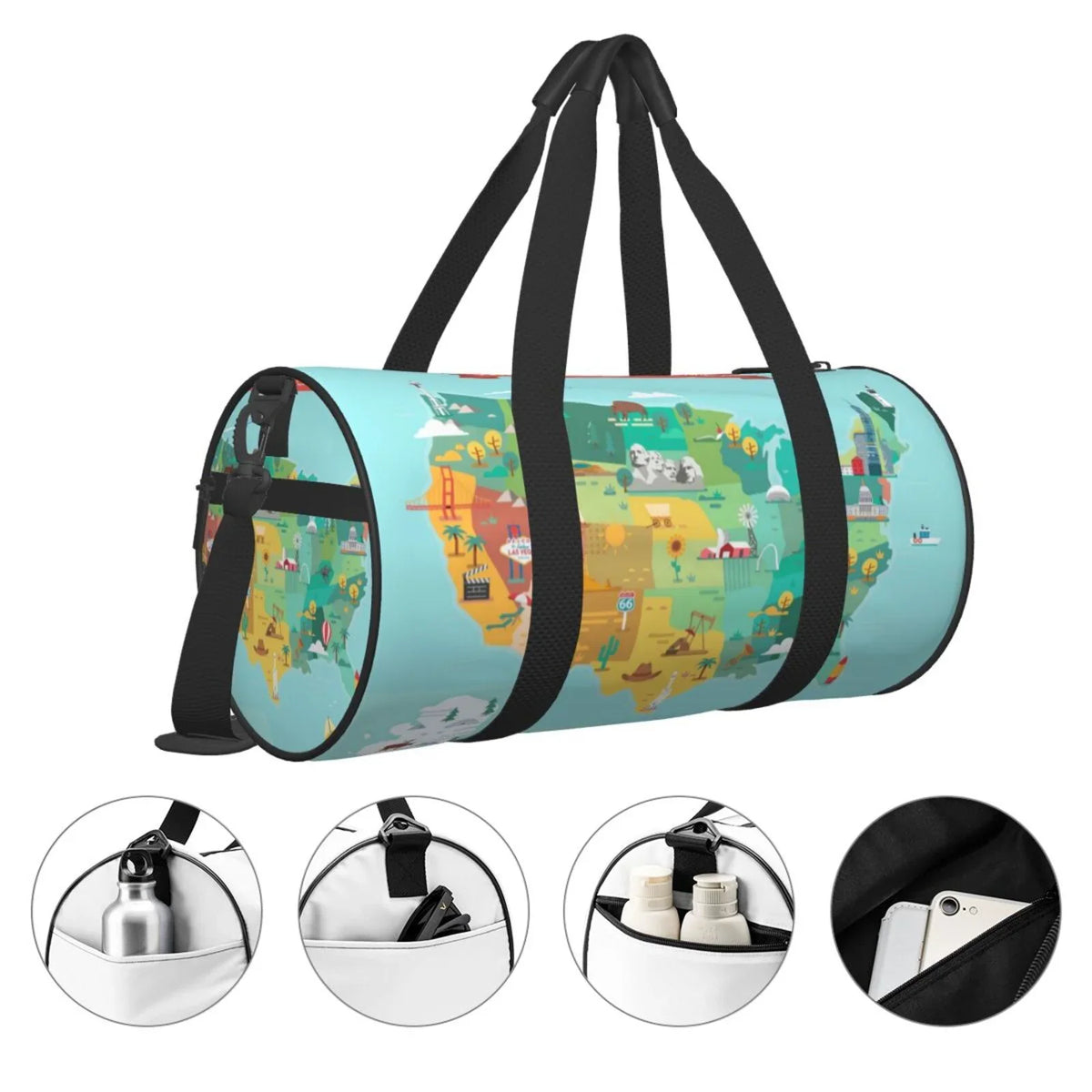 Large Bag with Sports Travel Luggage Bag USA Cylinder Pocket Map and Gym Capacity Tourist Waterproof Coaee Bag Compartment