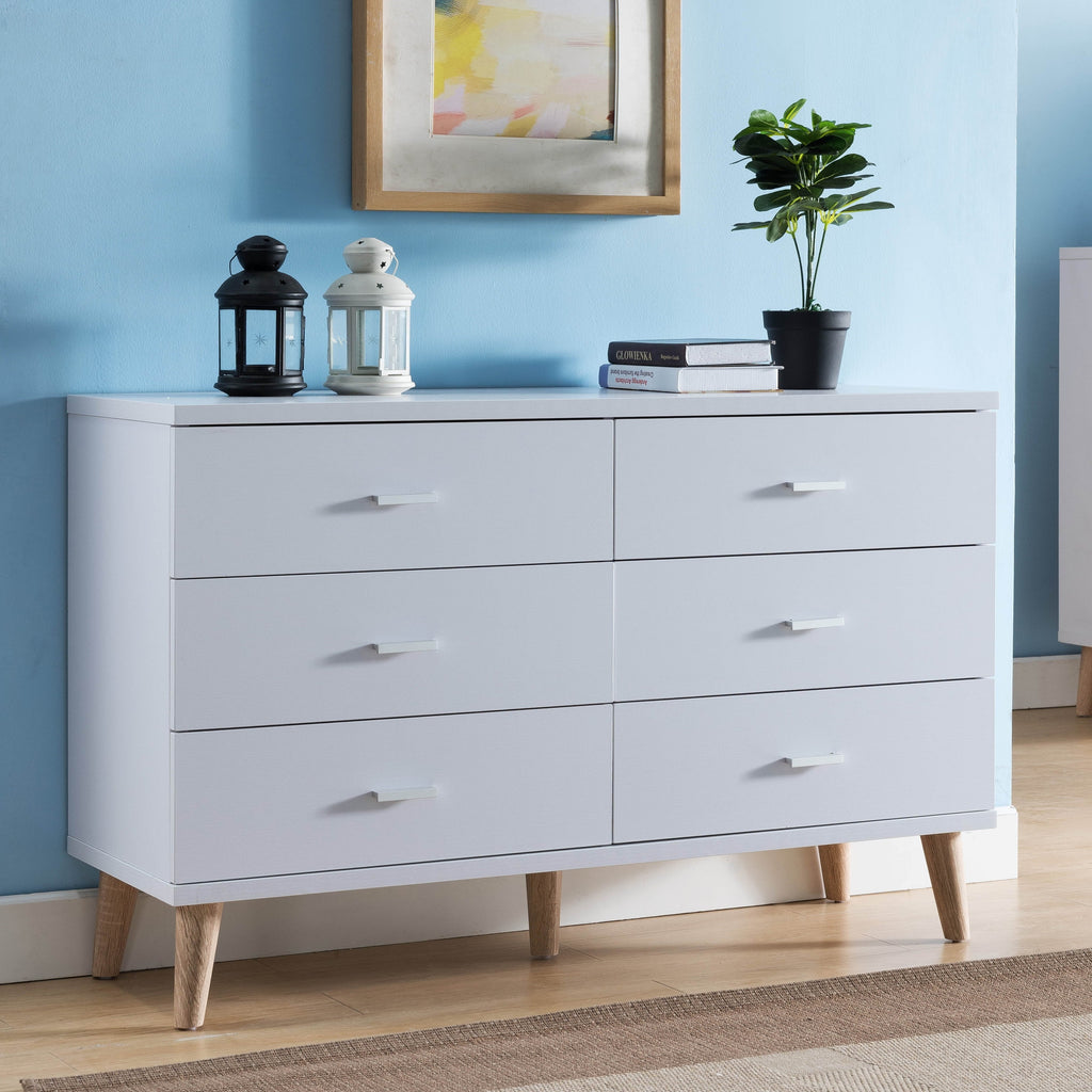 BASIC Dresser by Wide Mid-Century DH Bar White with Pulls 47-inch 6-Drawer Modern Denhour