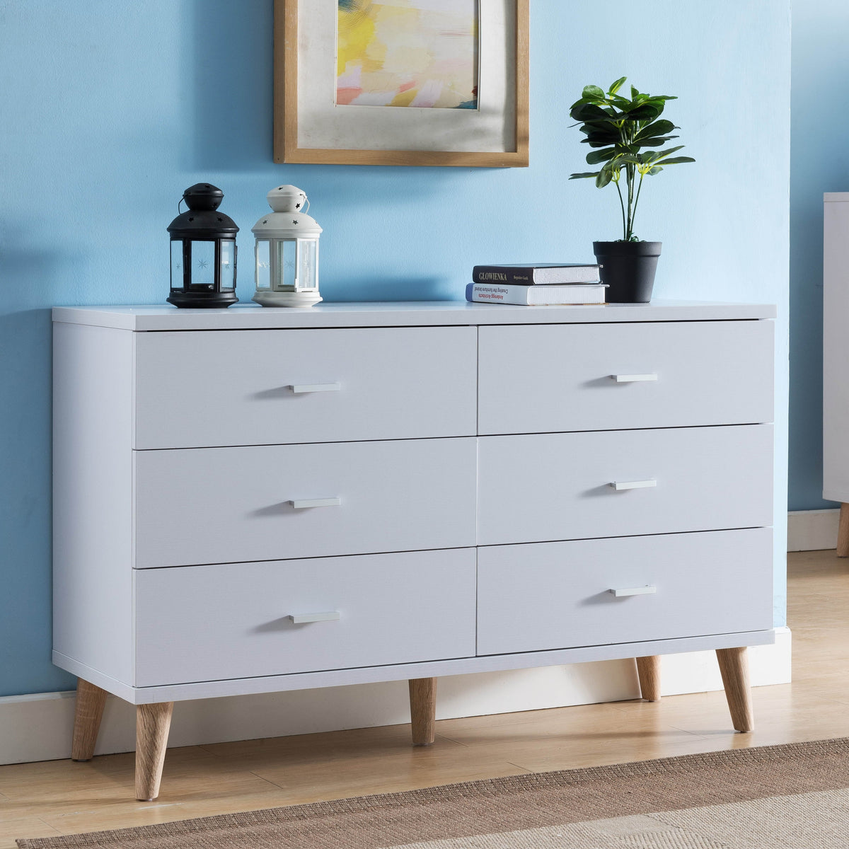 BASIC Dresser by Wide Mid-Century DH Bar White with Pulls 47-inch 6-Drawer Modern Denhour