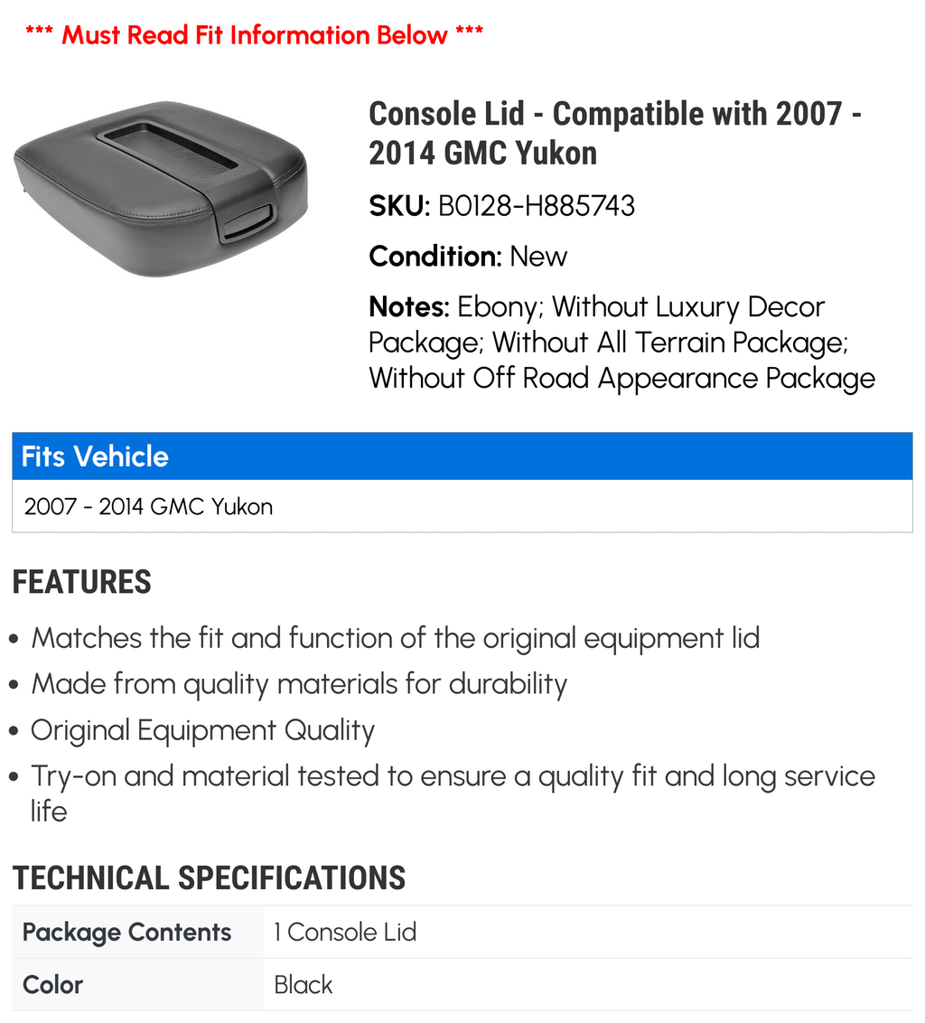 Console 2012 2013 - Compatible 2009 2007 2014 Lid with 2008 GMC - 2011 Yukon 2010