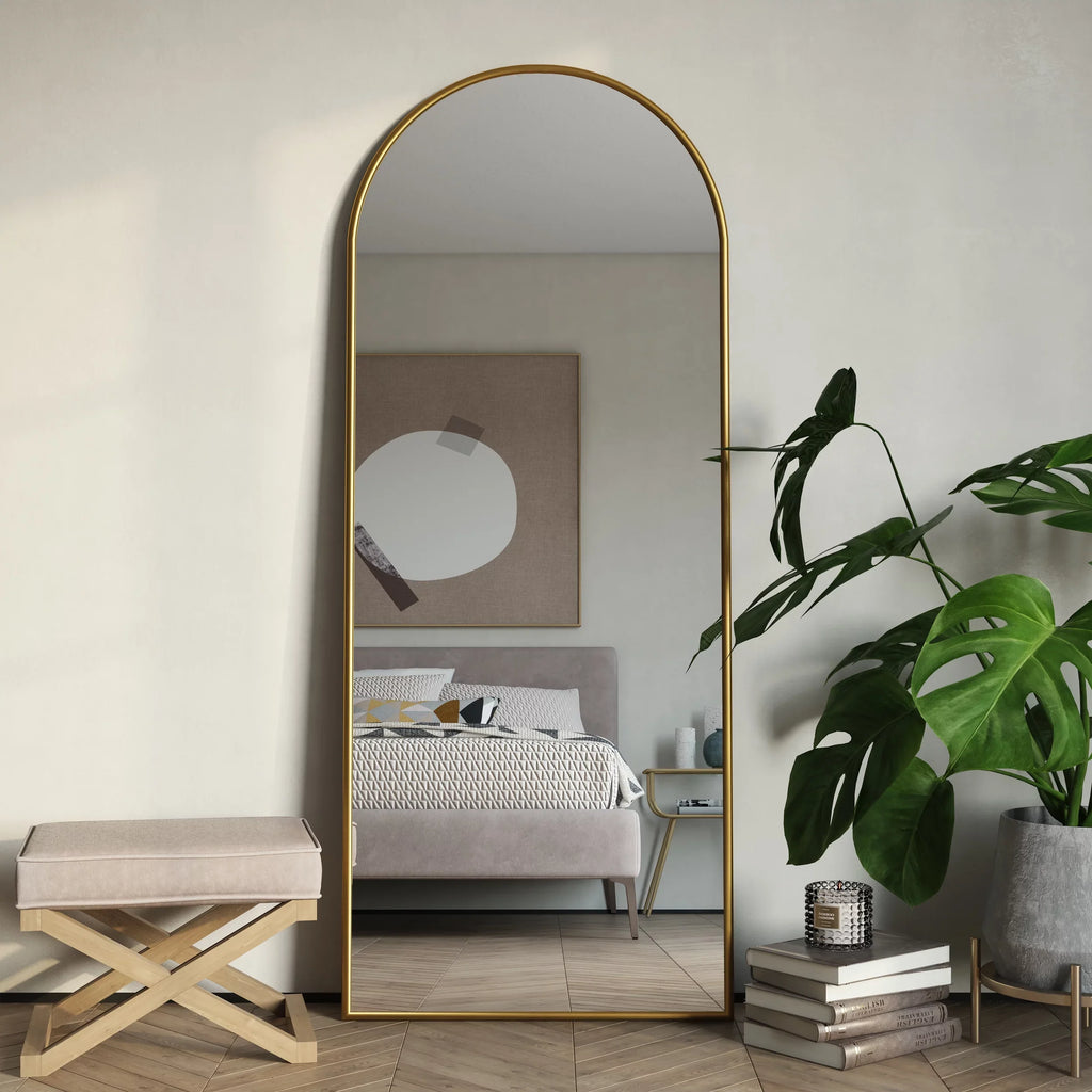 Glam Metal Mirror Arch Modern Gold 70"x28" Floor Nadia
