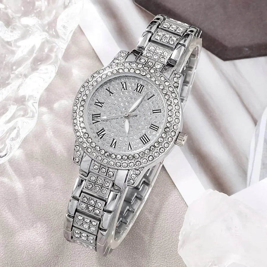Wrist Watch 6pcs Rhinestone For Her Fashion Jewelry Set, & Analog Luxury Quartz Women Watch Hiphop Gift