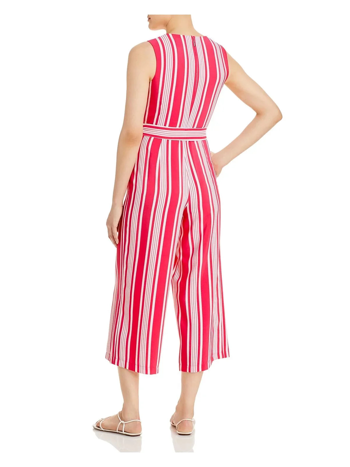Leg Zippered Surplice Wear Womens Work LAGERFELD Sleeveless Pocketed Sash 2 Pink To Wide Neckline Tie Self KARL Striped Jumpsuit