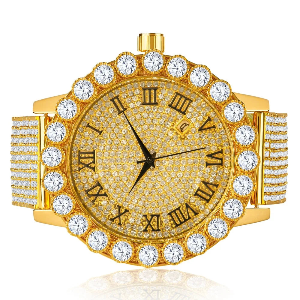 Diamond Row Solitaire Dial Yellow Back Stainless Khronos W/Date 10 Iced Roman Steel Band Custom lab 18K Bezel Men's Watch Gold Out Finish