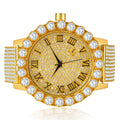 Diamond Row Solitaire Dial Yellow Back Stainless Khronos W/Date 10 Iced Roman Steel Band Custom lab 18K Bezel Men's Watch Gold Out Finish