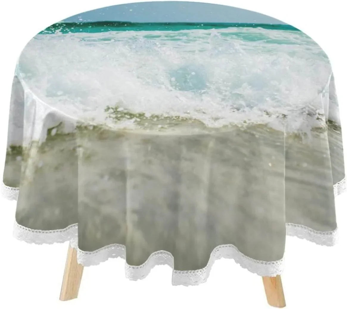Sea Washable 60inch Wrinkle SKYSONIC Kitchen Tropical Wave Table Round for BBQ Tablecloth Dining Free, Lace Circular Decor Ocean Cover Summer Party Indoor
