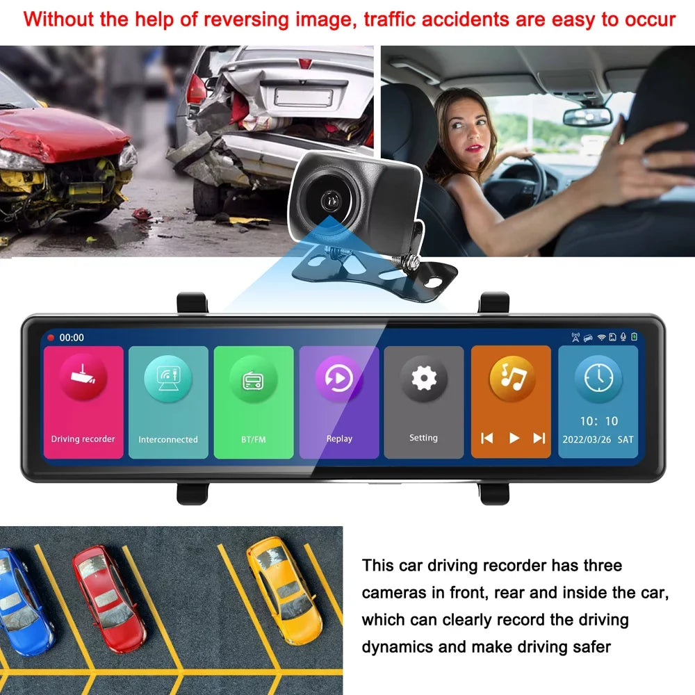 Cameras, Connectivity, Driving Clear Capture Recorder Rearview Dash Road Moment Auto Cam: Video Every the Recording 3 Touchscreen, - on BT 12in 2.5K - Mirror