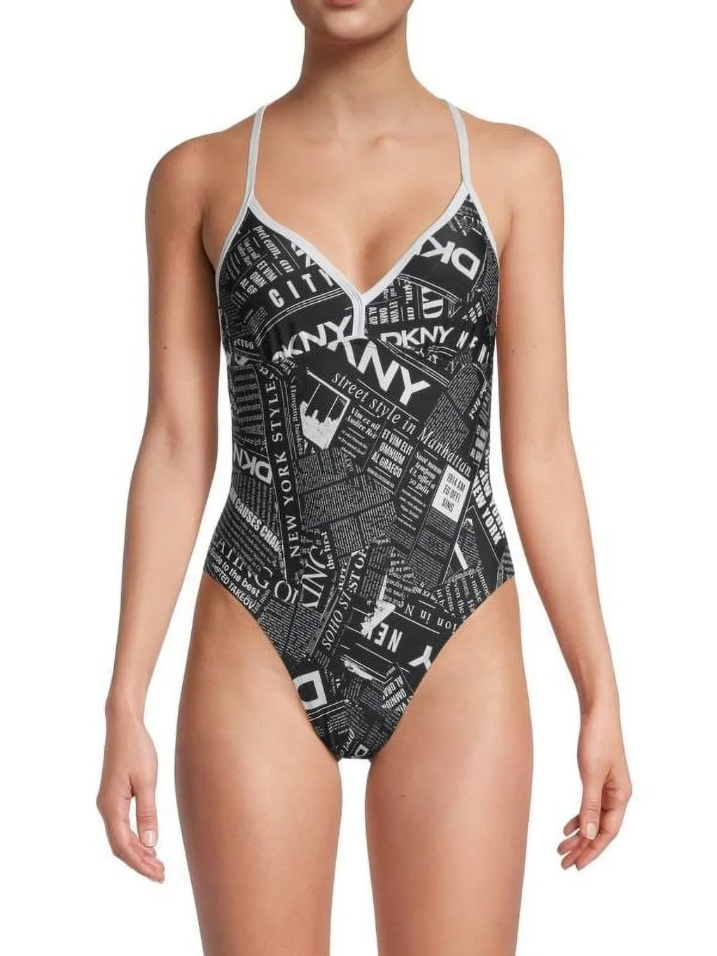 Swimsuit, One-Piece WHITE US T-Back DKNY BLACK Graphic Small