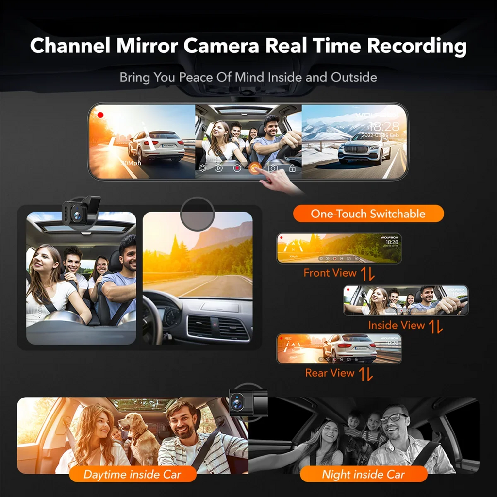 Camera Channel, Car 3 Loop Recording, Mirror with GPS&64GB Detection, Touch Parking Card, Night Car Cam Screen Camera Backup Vision, Triple with Motion Dash 2K Monitor,Vehicle WOLFBOX