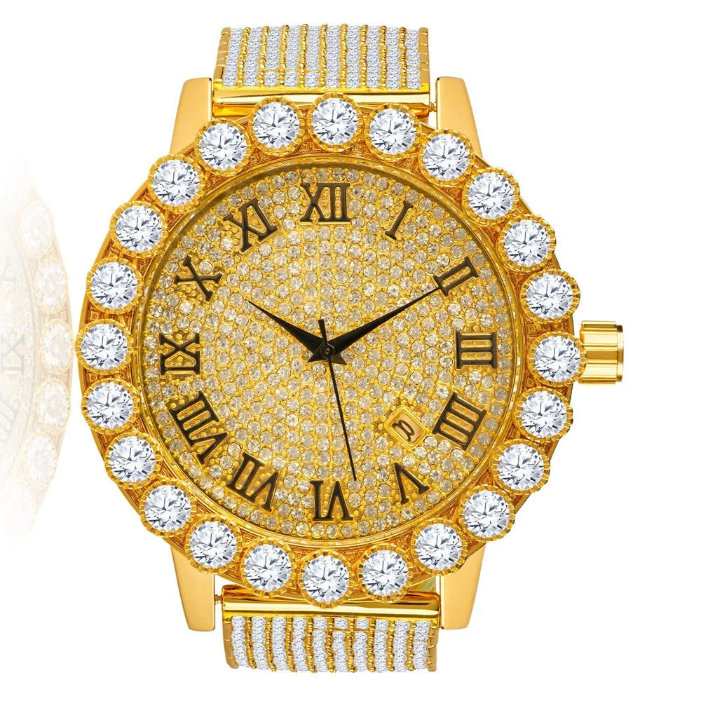Diamond Row Solitaire Dial Yellow Back Stainless Khronos W/Date 10 Iced Roman Steel Band Custom lab 18K Bezel Men's Watch Gold Out Finish