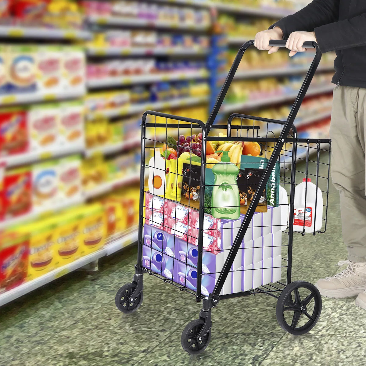 Black Utility Basket Book Grocery Wheels Laundry with ZENY Shopping Luggage Double and for Folding Cart Travel,