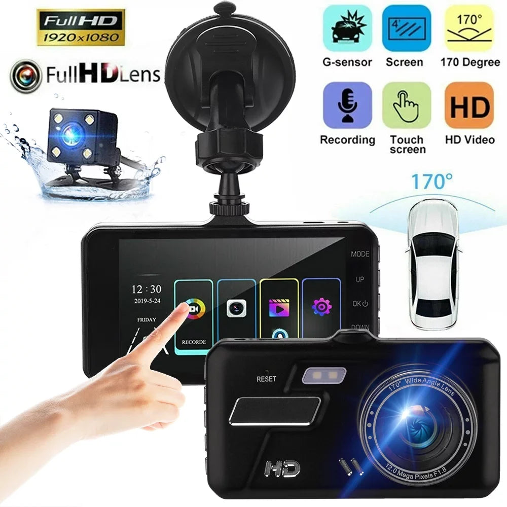 4" and Xhy Car Screen and Video Detection Recorder 1080P Dual Rear Touch Dash HD Front Camera Parking Monitoring Motion G-Sensor, Driving Cam Lens DVR