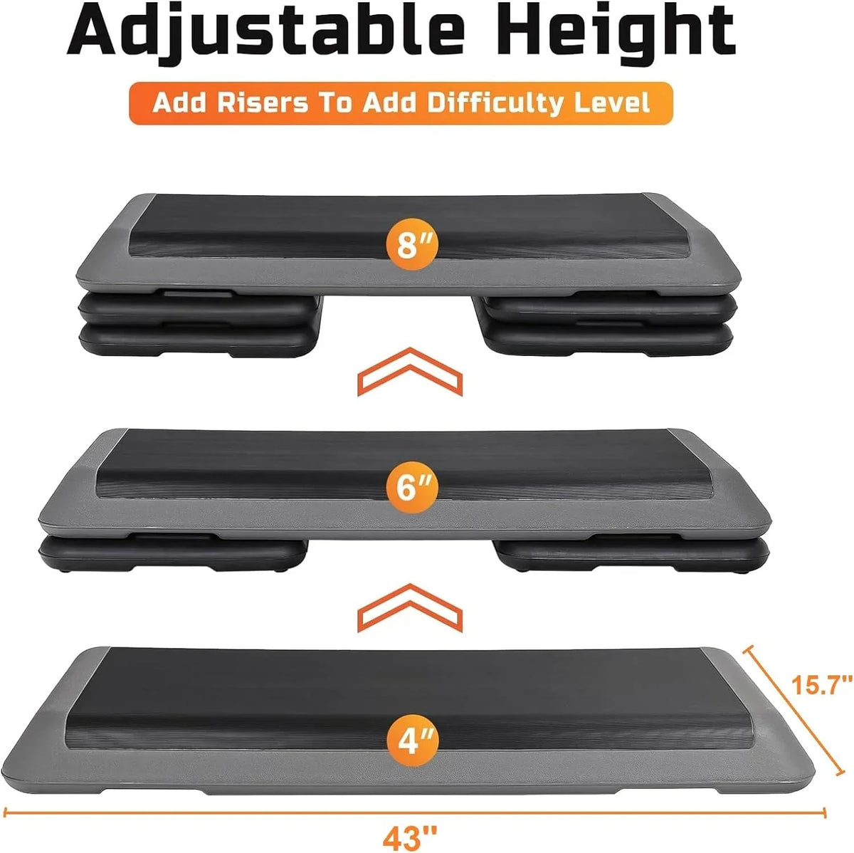 43'' Aerobic Adjustable Aerobics & Stepper Stackable Cardio Platform, Exercise Home Strength Workout 4 Step Fitness for with Gym Stepper Risers, Training Stepper
