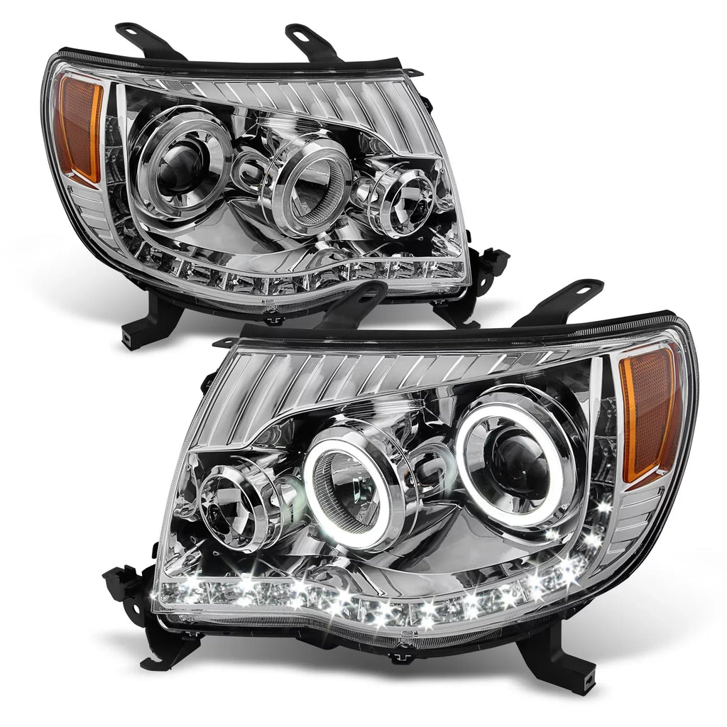 Dual Replacement Tacoma Ring Clear Projector Chrome AKKON - Daylight LED Toyota Headlights Pair Halo For DRL