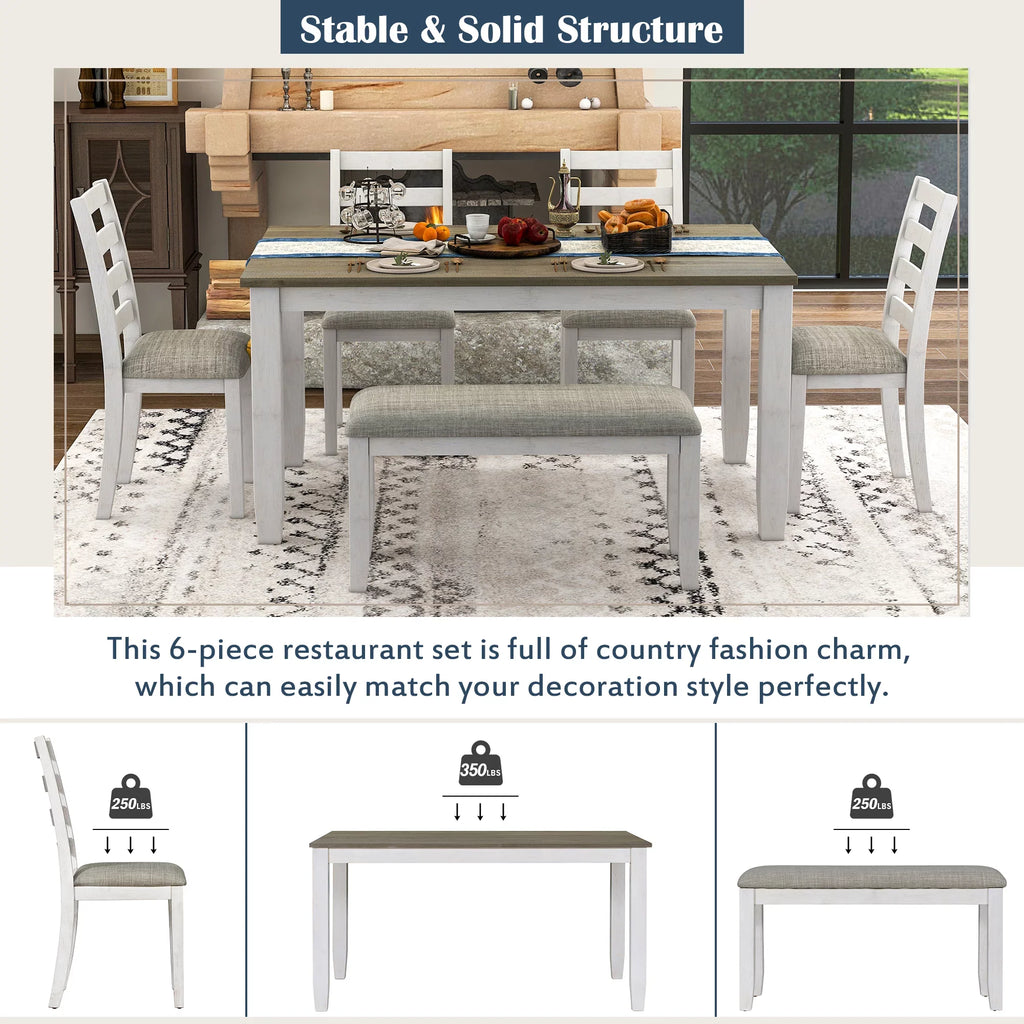 Bench, Set Room Rustic Dining Chairs With Whitewash 4 + CoSoTower Brown Style A 6-Piece Upholstered Table &