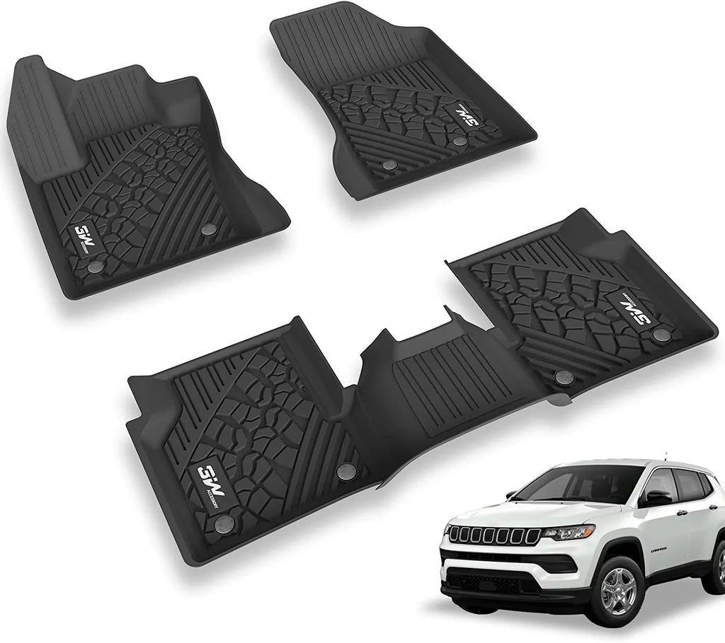 with Floor Compass Full 2017-2023 Weather Body Style (New Odorless Mats 3W All Liner and Rear for Rows 2 Floor TPE Only), Jeep Front Black seat Set
