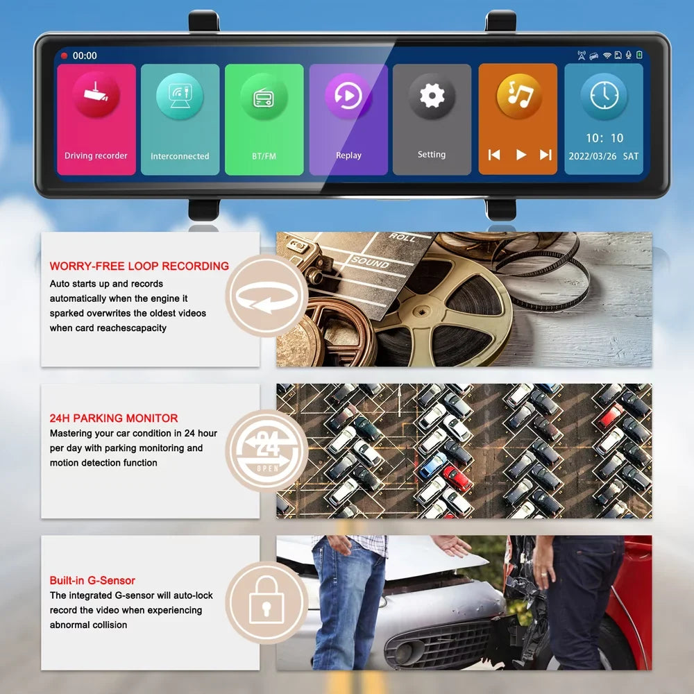 Cameras, Connectivity, Driving Clear Capture Recorder Rearview Dash Road Moment Auto Cam: Video Every the Recording 3 Touchscreen, - on BT 12in 2.5K - Mirror