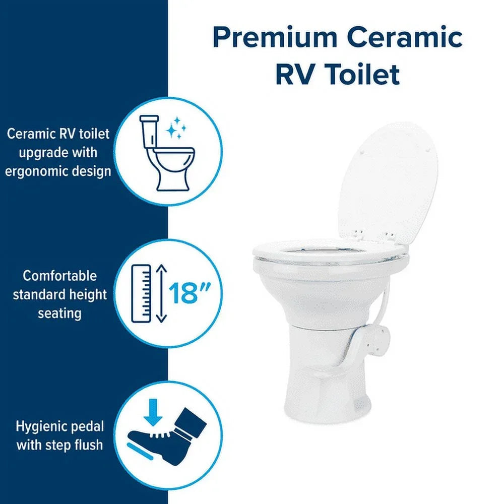 a (41710) Camper/RV Seat Foot Design Flush Ergonomic Camco Premium Height | Gravity Chair Convenient System Includes 18-In Wood with with Lid Full-Sized Pedal Soft-Close Toilet & & Ceramic Features |
