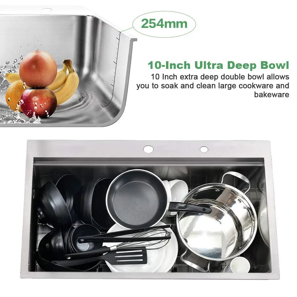 Bowl Kitchen 2 Holes Single Steel Sink Faucet Drop-In PROOX Stainless with 30''