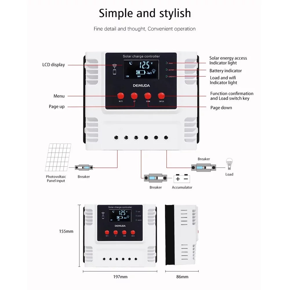 Mobile with Leadacid Intelligent Iron Charger Data LED Batteries Display Real-time Solar Controller Ternary App PWM Lixada for 12V/24V