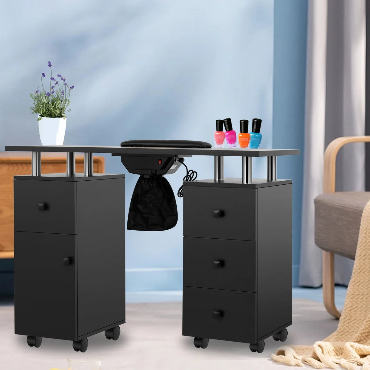 Wheels Cushion, Cabinet Resistant Technician, Rest Desk Dust Nail Acetone Table w/Lockable Nail & & Station Table - Drawers Table & Nail Manicure Collector Black for Electric Wrist LUXMARS w/