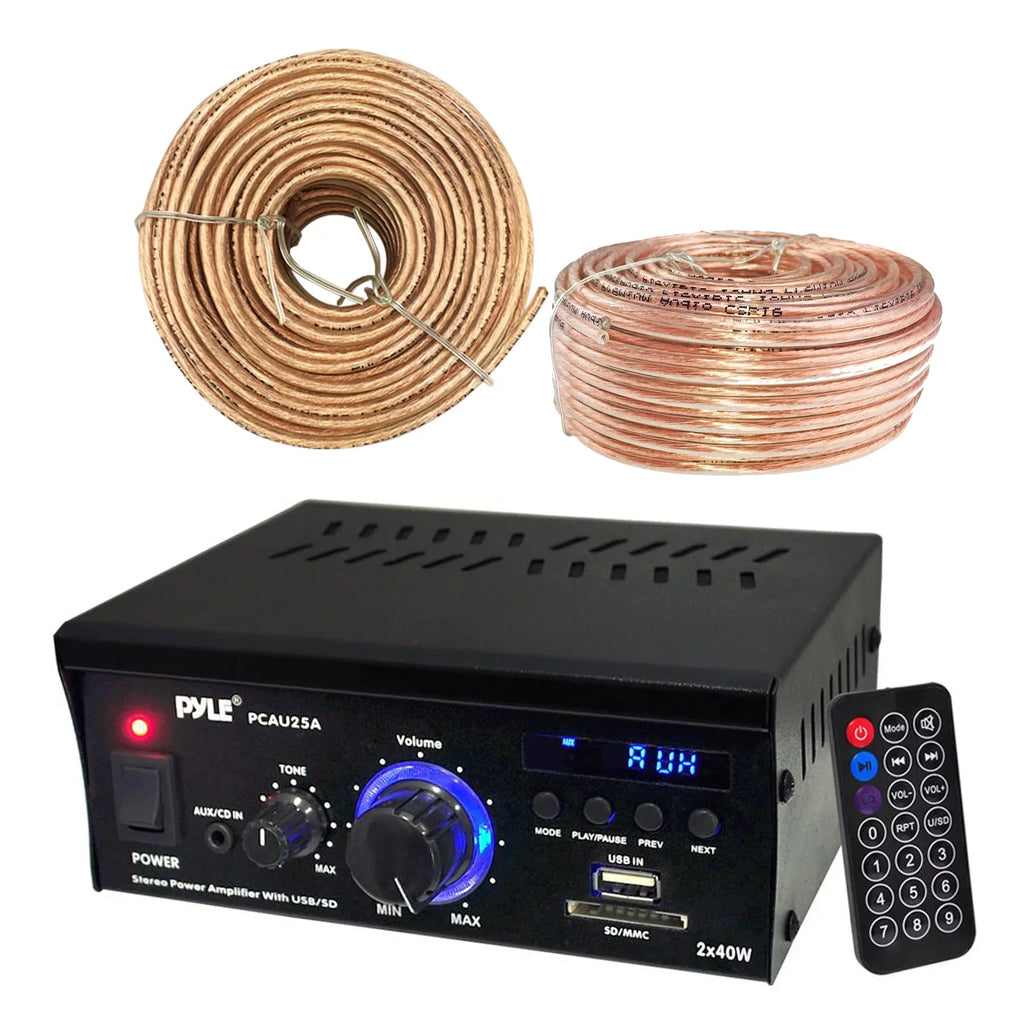 Display, 18 100 Amplifier AWG Inputs with Enrock Speaker Receiver Pyle Feet Readers Wire PCAU25A AUX Audio Cable & Gauge CD USB/SD LED