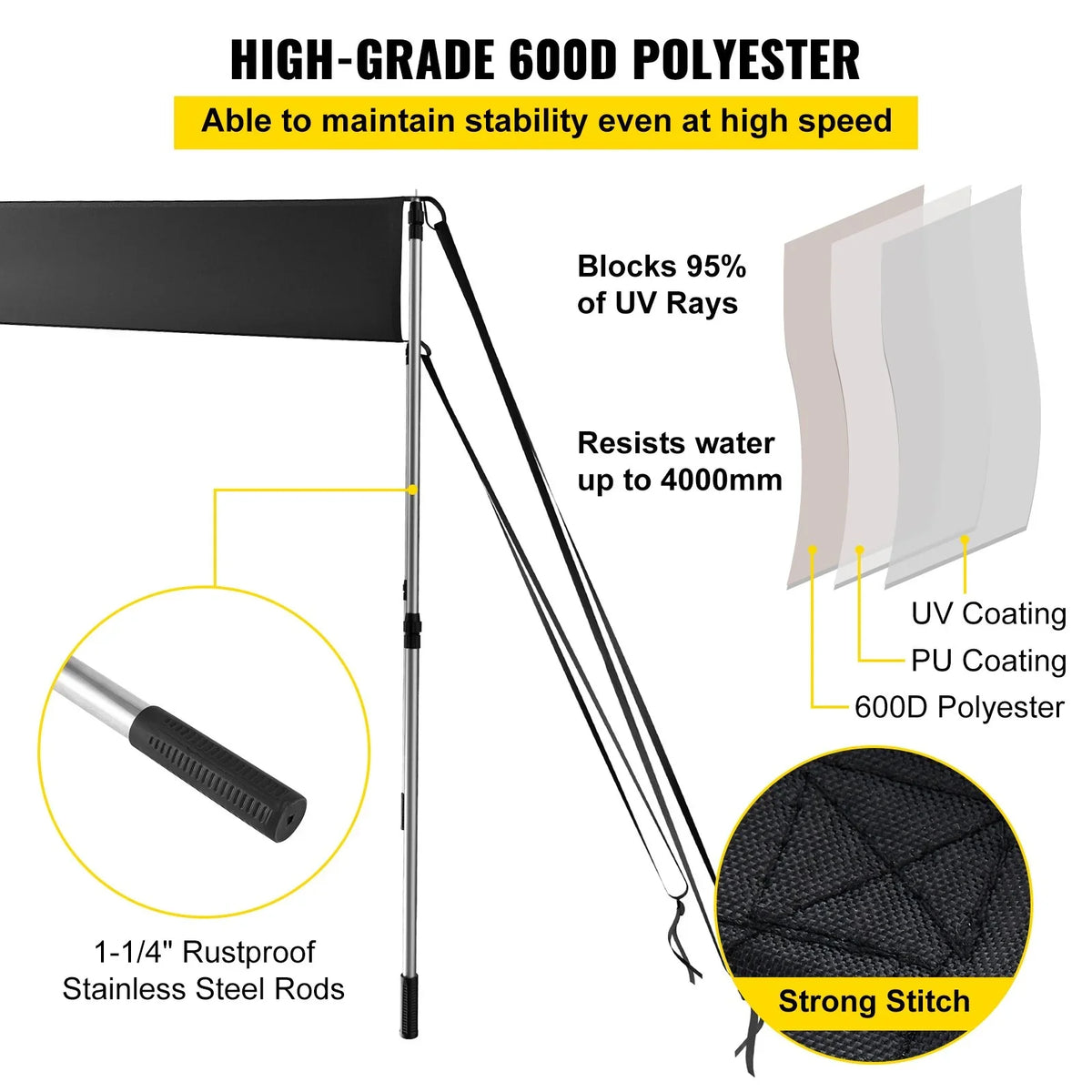 Bimini Shade 600D UV-Proof Easy Poles, & Waterproof, Rustproof Polyester Steel Kit with VEVOR Tops T-Top - Telescopic 5'x5' Assembly T-Tops Sun for