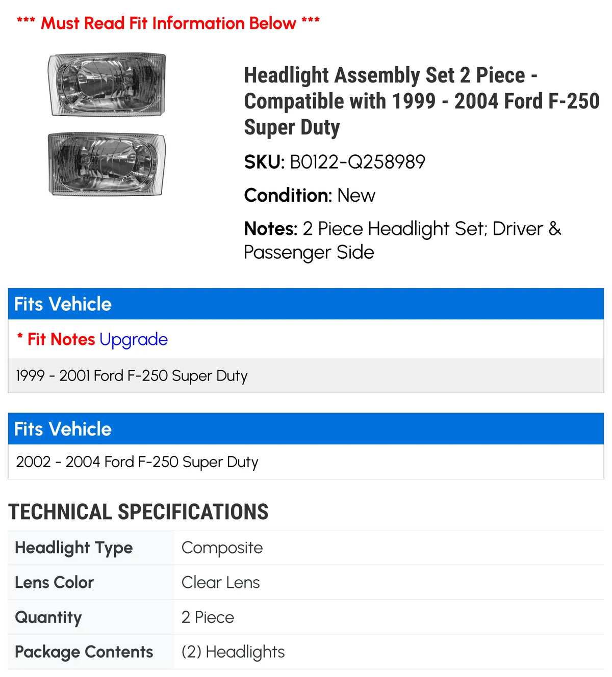 Ford 2 Duty Super Piece 1999 2001 Assembly - 2002 Headlight F-250 - Set 2004 2000 2003 with Compatible
