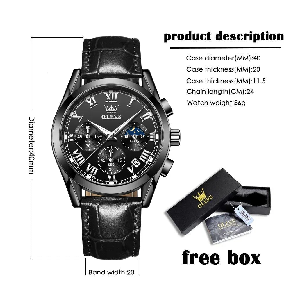 for Waterproof Sports Watches Classic Chronograph Men Strap Wristwatch Analog Reloj, Male Watches OLEVS Luxury Luminous with Quartz Leather Mens Business