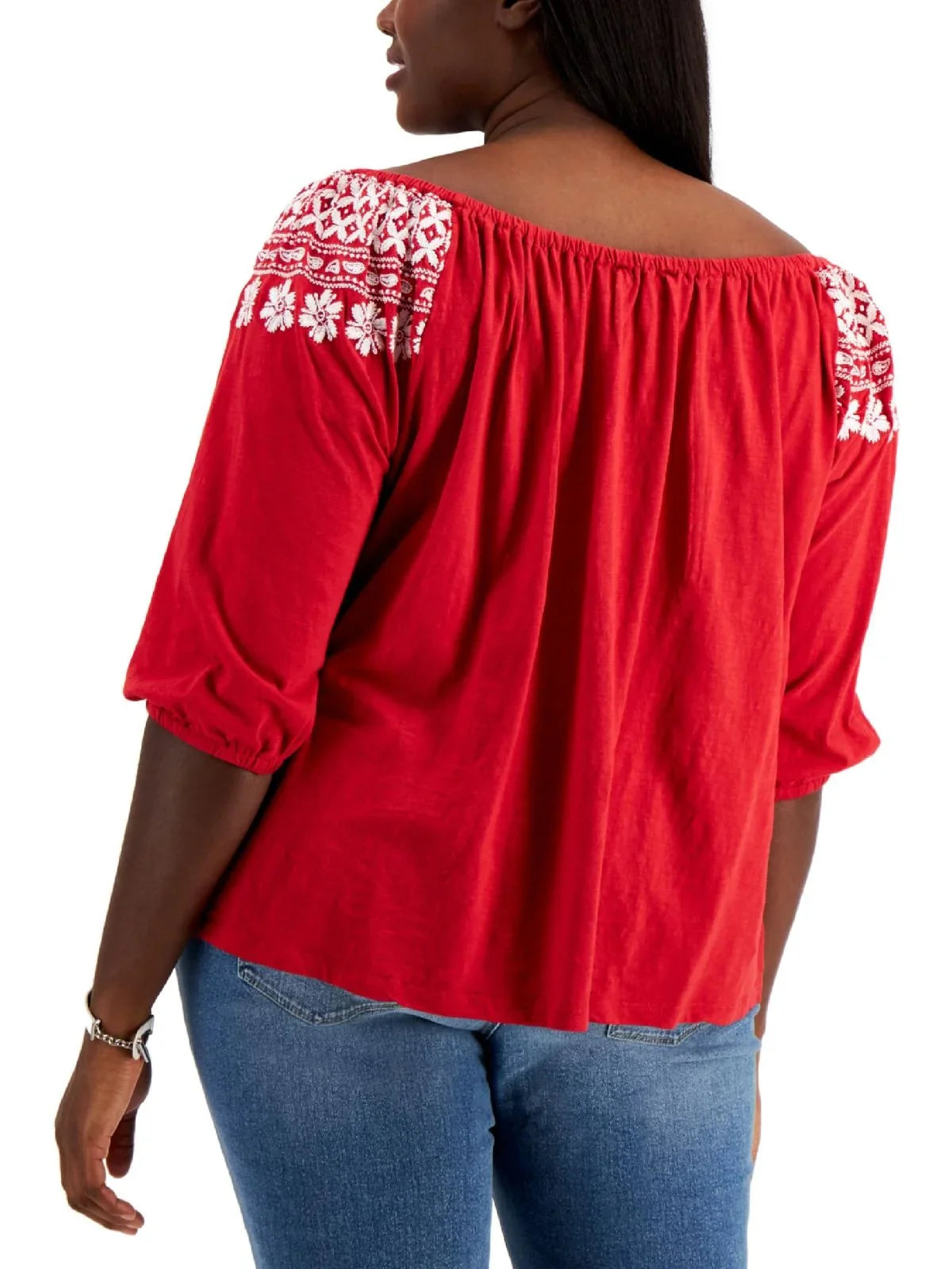 3X Size Hilfiger The Women's Red Top Shoulder Off Tommy Embroidered