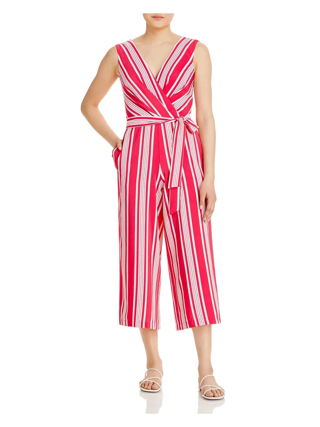 Leg Zippered Surplice Wear Womens Work LAGERFELD Sleeveless Pocketed Sash 2 Pink To Wide Neckline Tie Self KARL Striped Jumpsuit