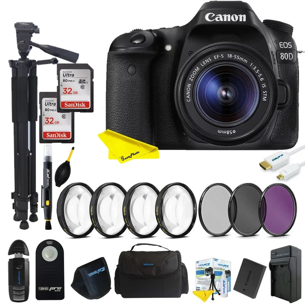 Camera Canon 18-55mm + Lens DSLR Buzz-photo 64GB Kit with Advanced 80D EOS