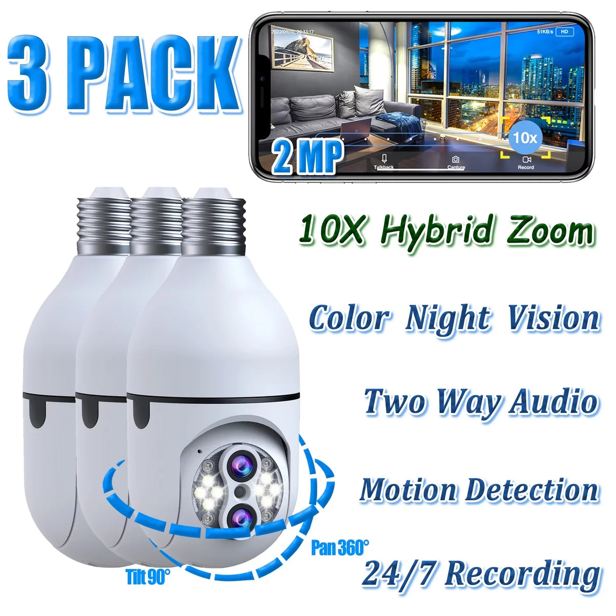 Hybrid SC11 10X E27 Connector PTZ Toguard Bulb Outdoor Dual Lens Light Zoom Surveillance Camera Camera Wireless 3 Pack Security Dome