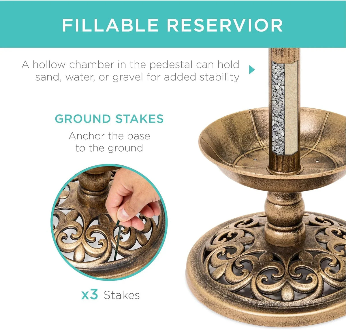 Bath Solar Lighted Fountain Scroll W/Planter, For Garden Pedestal Bronze Decoration - Lawn, Outdoor Integrated Accents Panel,
