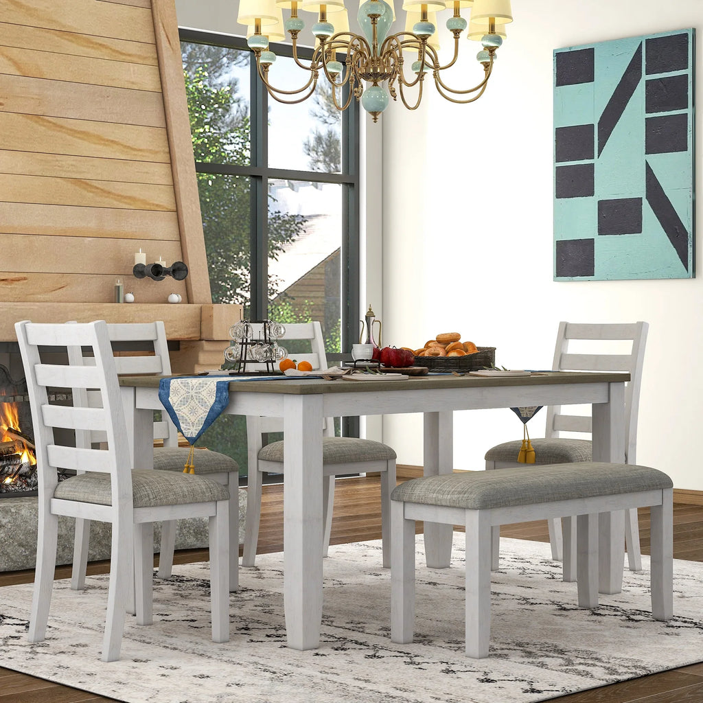 Bench, Set Room Rustic Dining Chairs With Whitewash 4 + CoSoTower Brown Style A 6-Piece Upholstered Table &