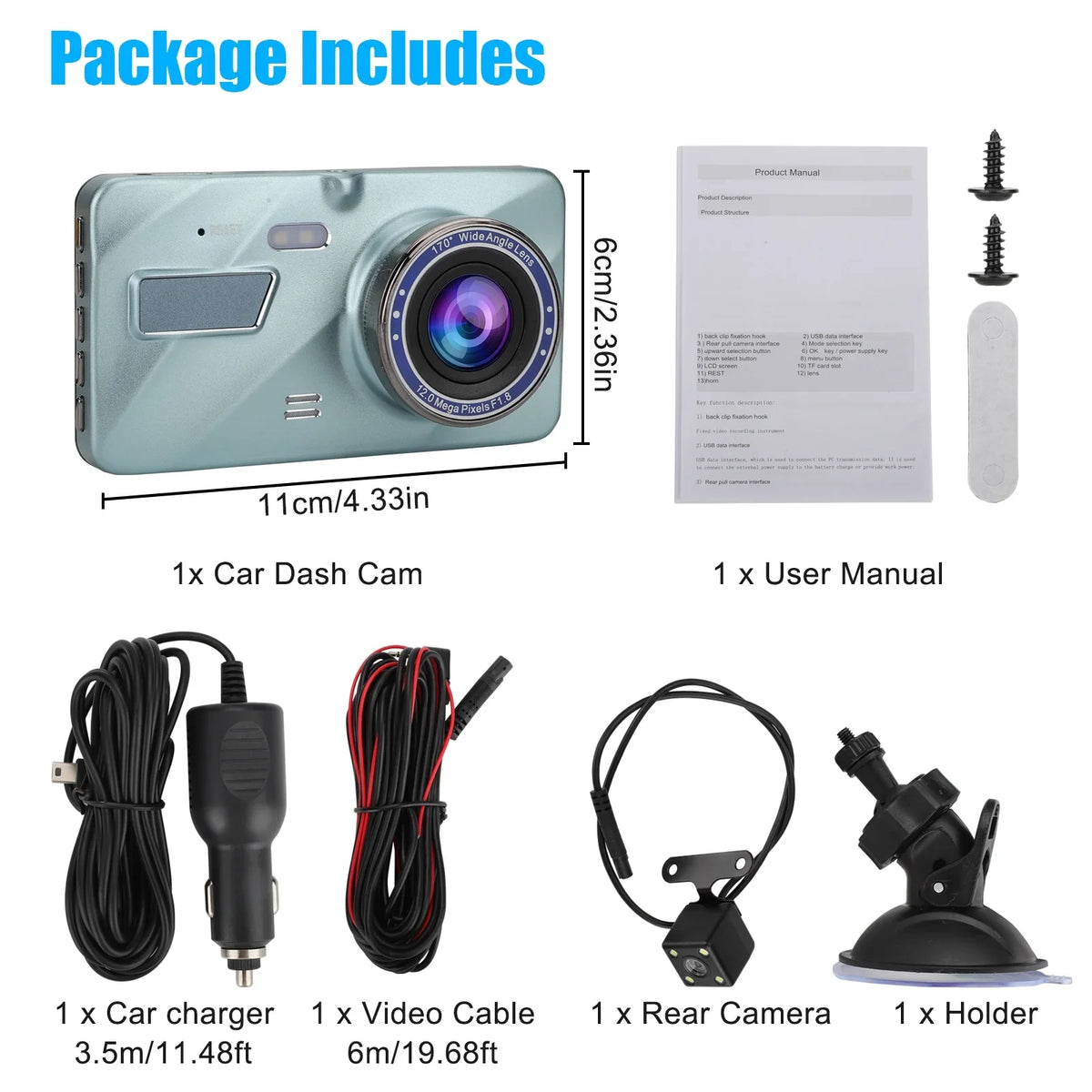 Screen Angle, 4 FHD DVR and Inch Front G-Sensor, Dash LCD 1080P Recorder Cam Wide (Sky Rear Blue) Touch Driving Car Camera - 170°