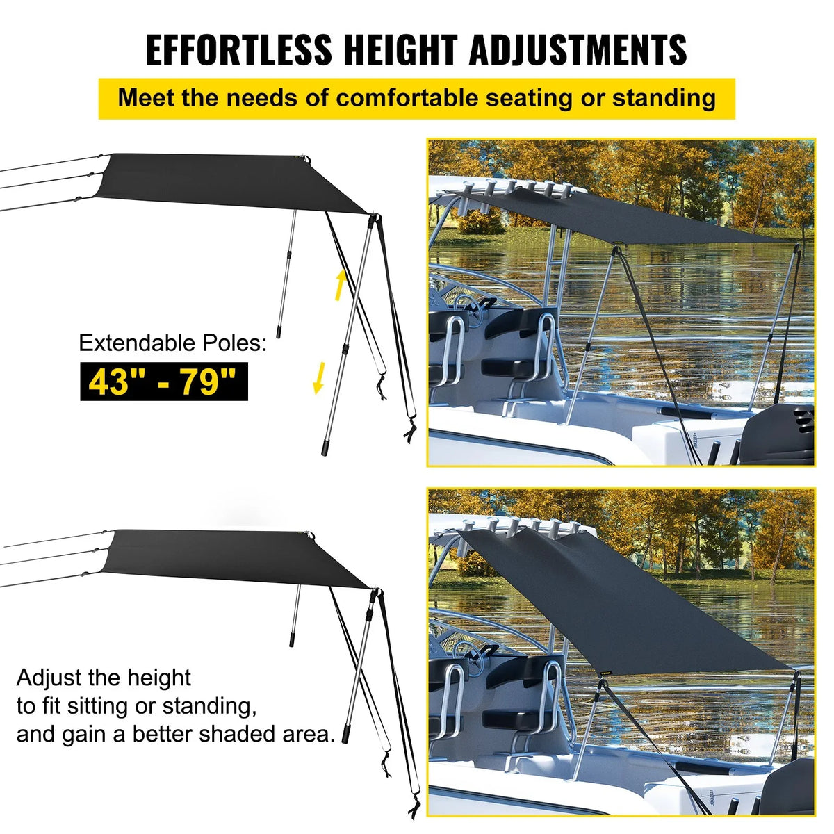 Bimini Shade 600D UV-Proof Easy Poles, & Waterproof, Rustproof Polyester Steel Kit with VEVOR Tops T-Top - Telescopic 5'x5' Assembly T-Tops Sun for